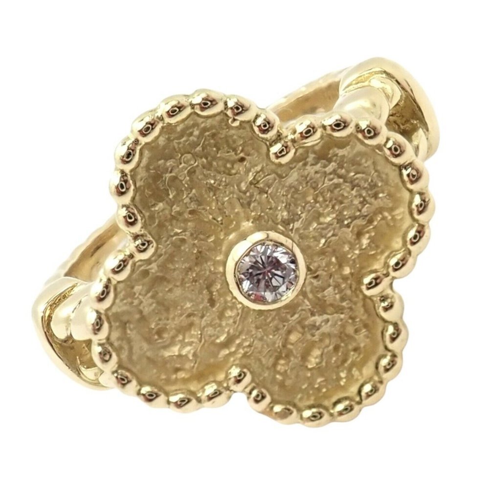 Authentic! Van Cleef & Arpels Vintage Alhambra 18k Yellow Gold Diamond Ring 4.75